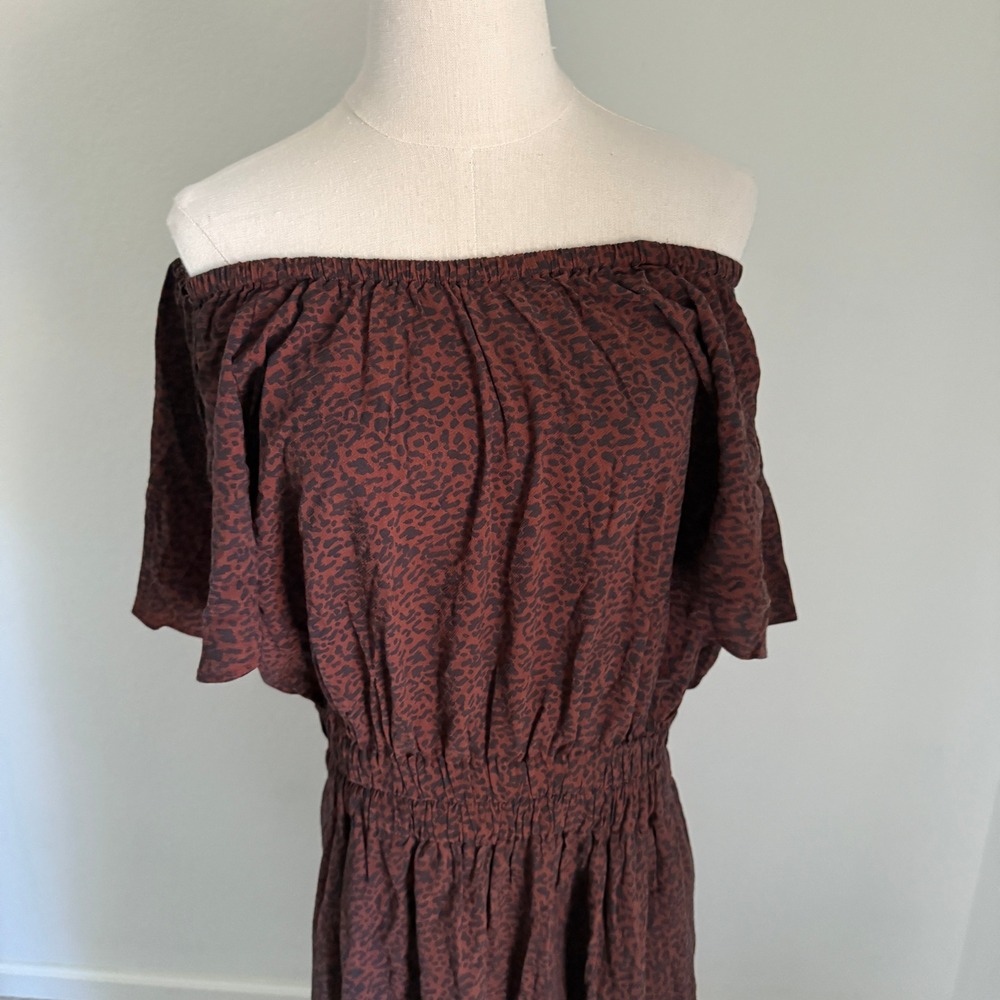 Marine Layer Charlotte Maxi Dress Deep Cheetah Brown Leopard Off Shoulder Large - Picture 9 of 13